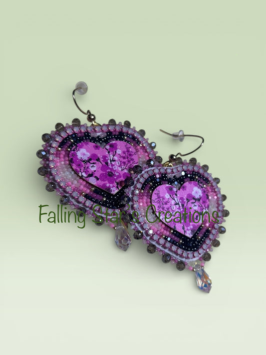 Pink/Blk Floral Heart Earrings