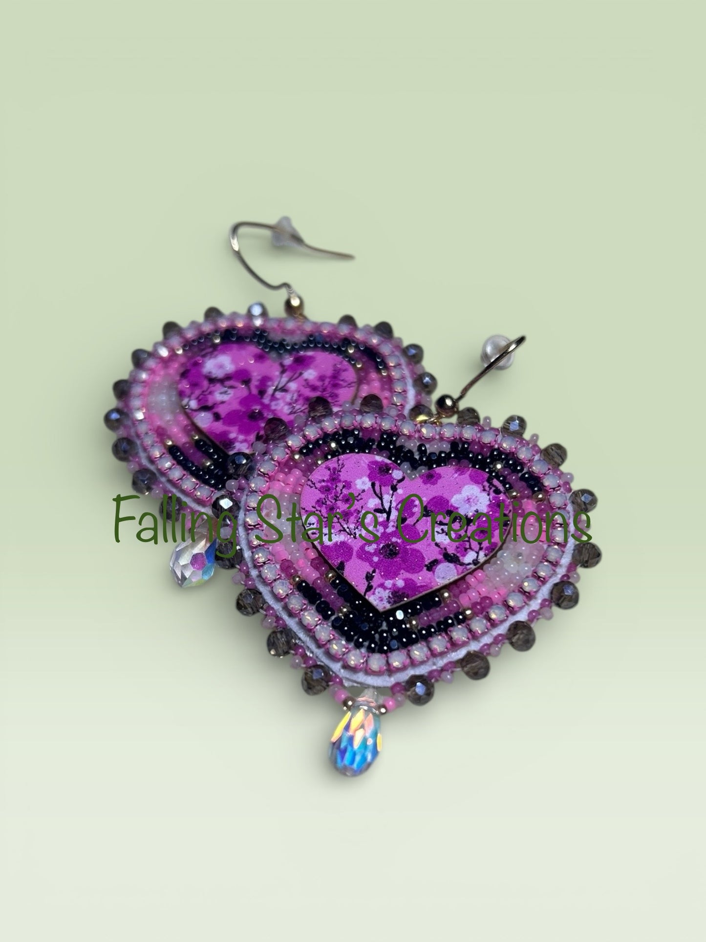 Pink/Blk Floral Heart Earrings