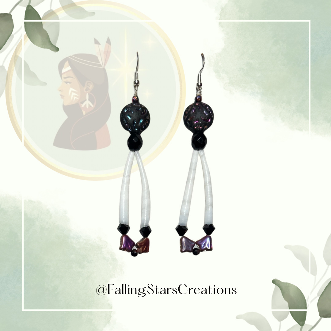 Dentalium Shell Earrings (Blk Flower)