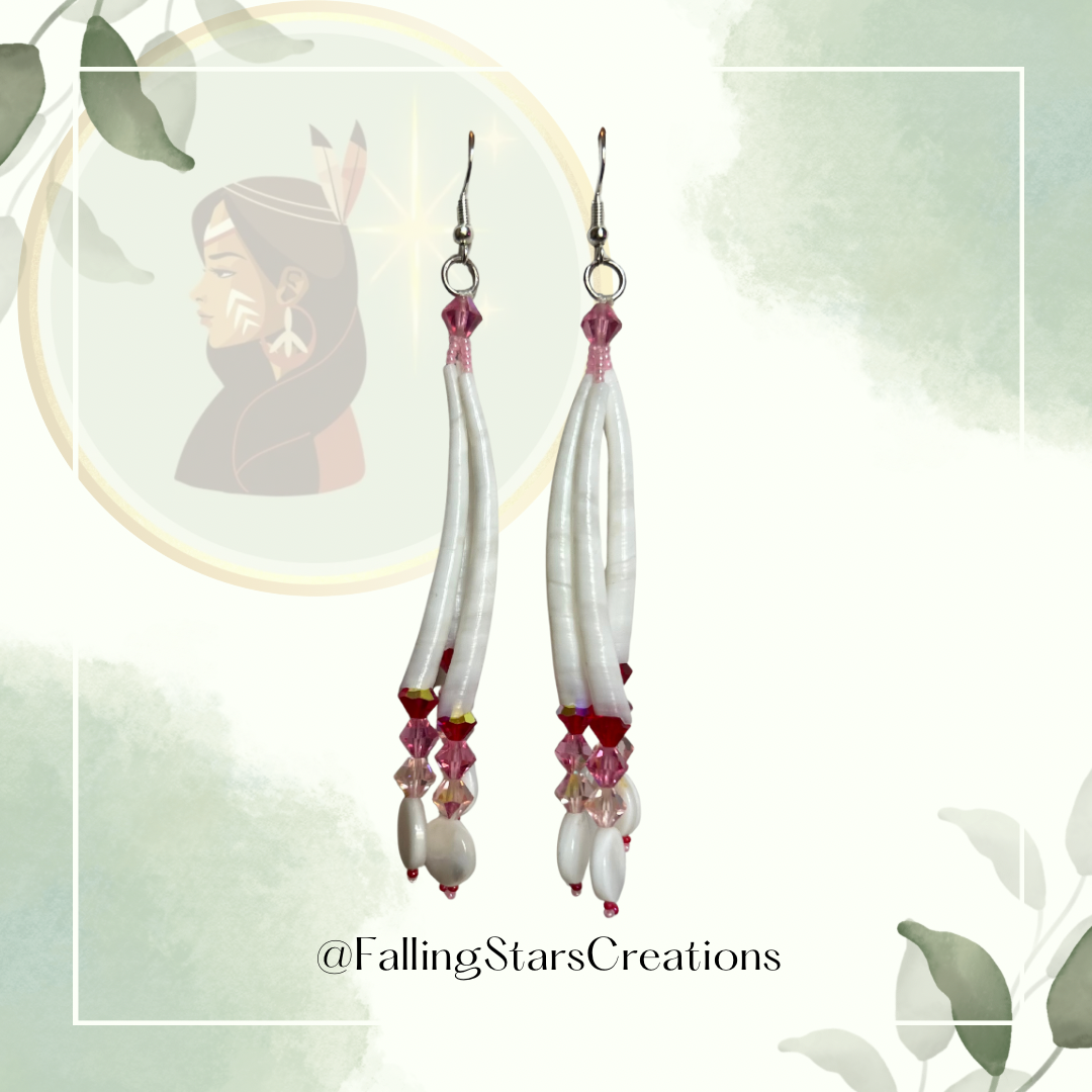 Dentalium Shell Earrings (Pink/Red)